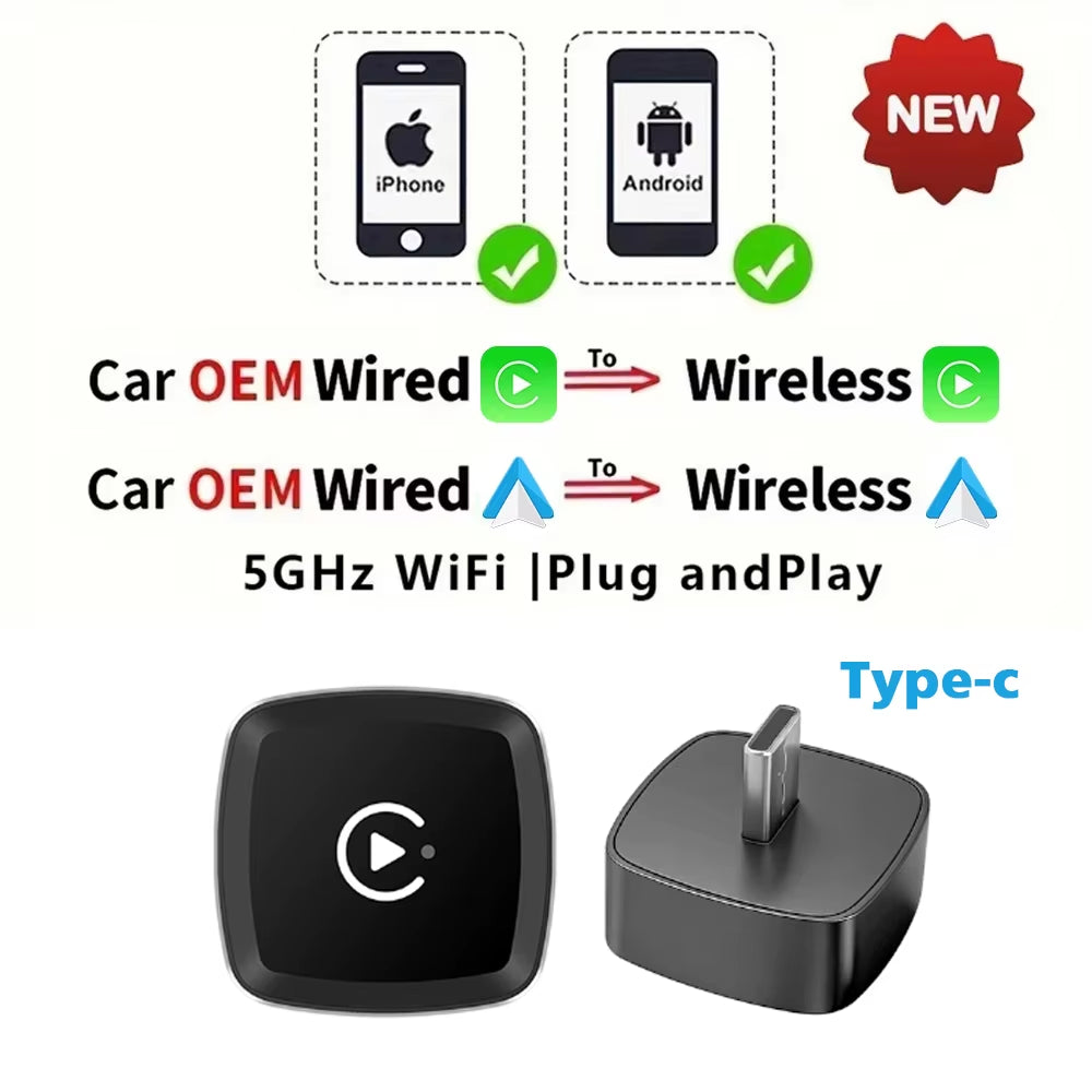 Type-C Wireless Carplay Adapter Android Smart Dongle for Factory Type-C Wired 2 in 1 Wireless Carplay & Android Auto Adapter
